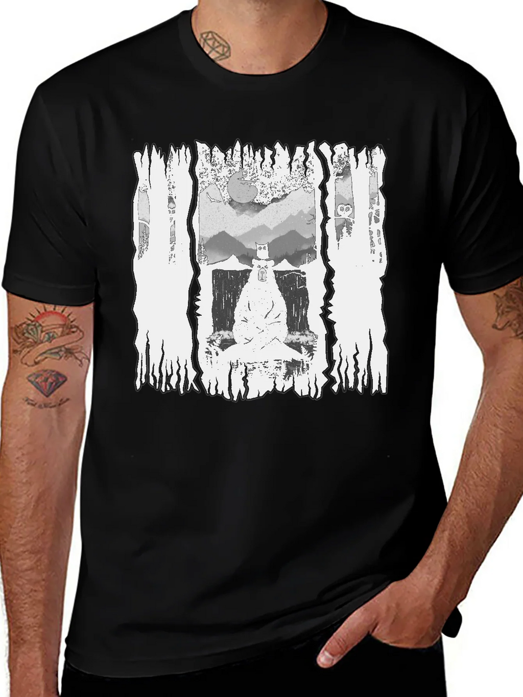 Monochrome Bear Graphic Tee - Mens Black T-Shirt