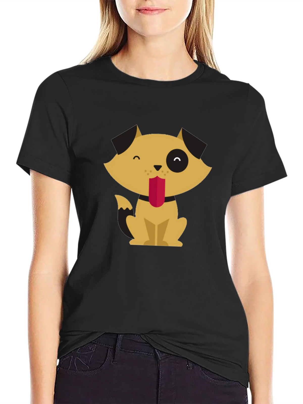 Cute Cartoon Dog Graphic Tee - Black