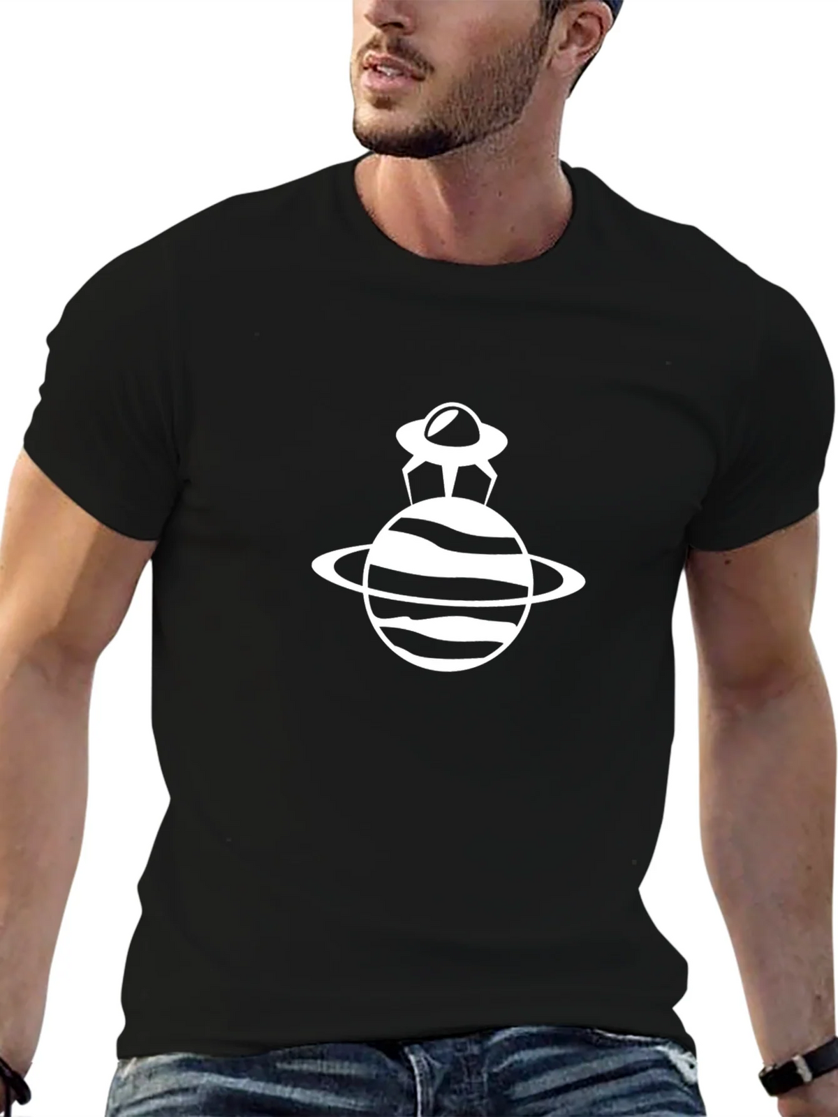UFO Planet Graphic Tee - Black Cotton Blend Casual Wear