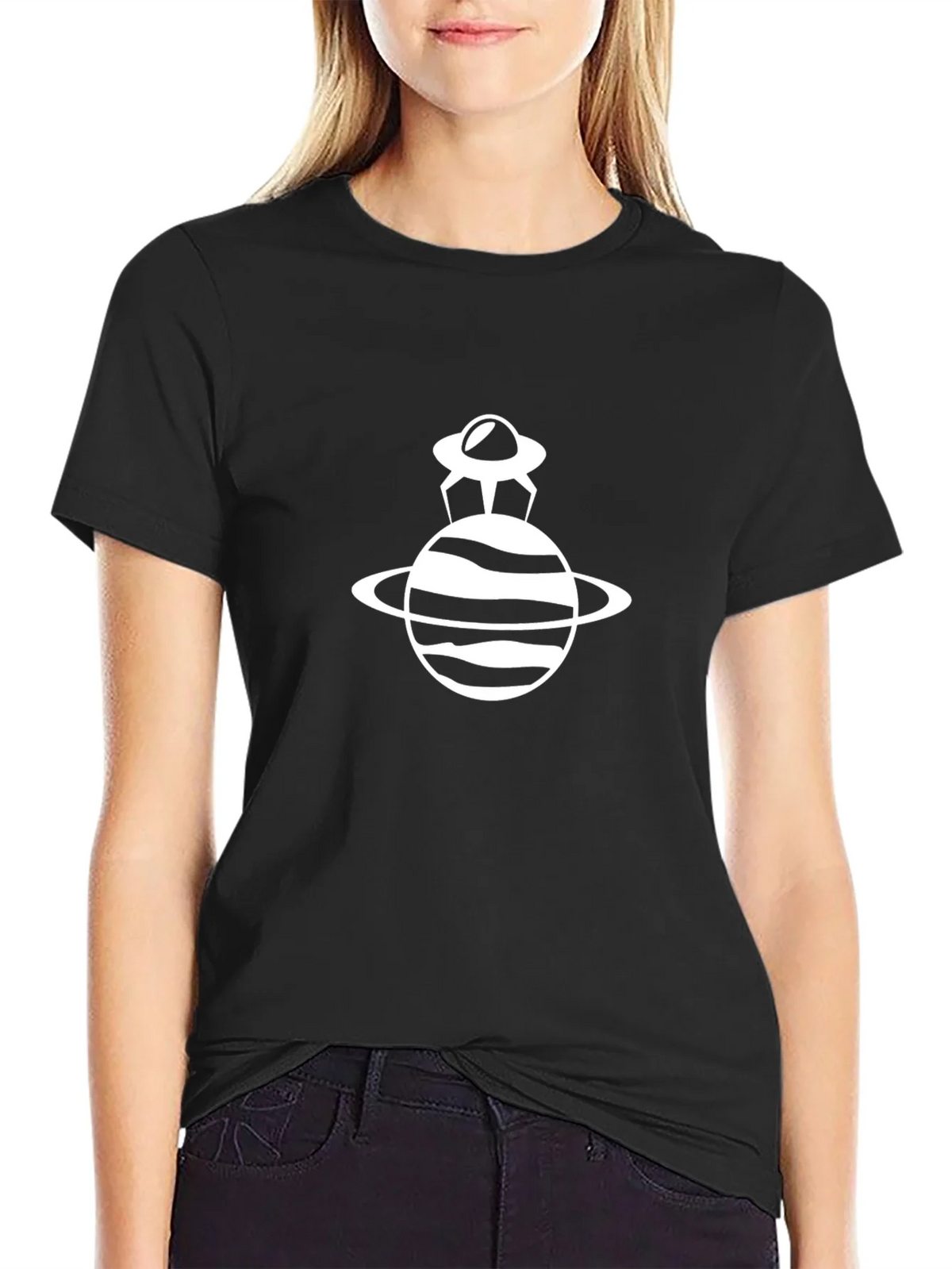 UFO Planet Graphic Tee - Black Cotton Blend Casual Wear