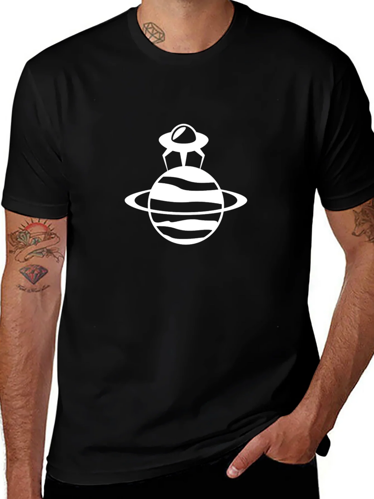 UFO Planet Graphic Tee - Black Cotton Blend Casual Wear